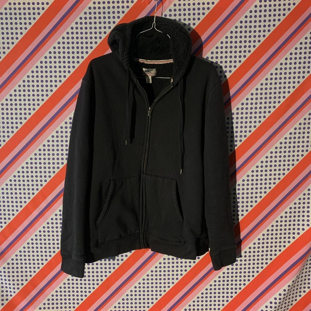 Lands End Serious Sweats Black Sherpa Lined Zip Up Hoodie Womens Large L/T 42-44